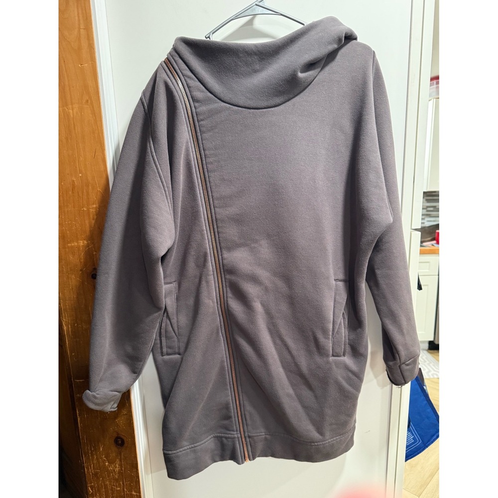 Lime & Vine Womens Asymmetrical Zip Fleece Hoodie Charcoal Gray Longline Jacket